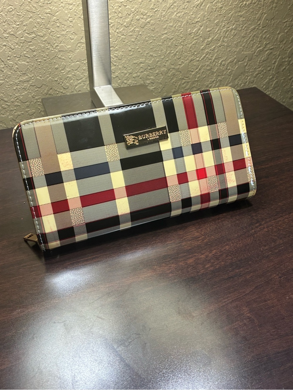 Burberry Plaid Vinyl Zip Wallet Clutch in Beige, Red, Black